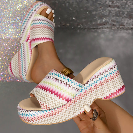 Sandalias de cuña con estampado de ondas de colores a la moda, zapatillas de tacón alto para exteriores de verano, zapatos de suela gruesa para mujer