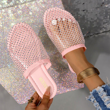 Sandalias transparentes con punta hueca y diamantes de imitación para mujer, zapatillas de verano a la moda para exteriores, zapatos planos