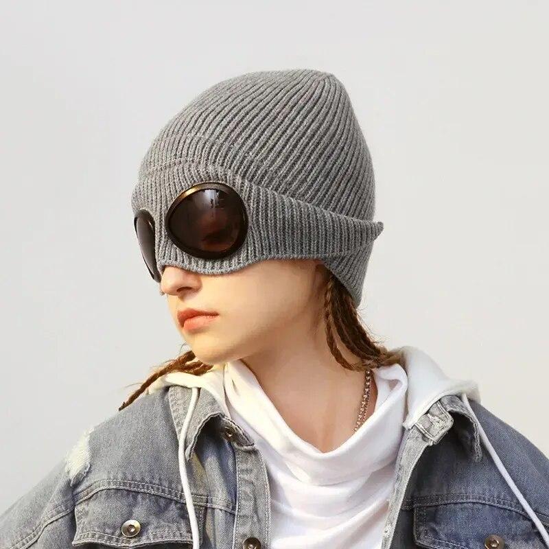 Winter Knit Cap with Integrated Goggles