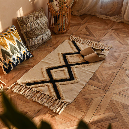 Tapis de sol tissé à pampilles minimaliste en coton et lin