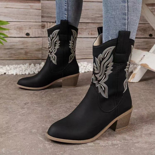Bottes d'hiver ethniques à bout pointu et talon compensé, brodées, style western, pour femmes