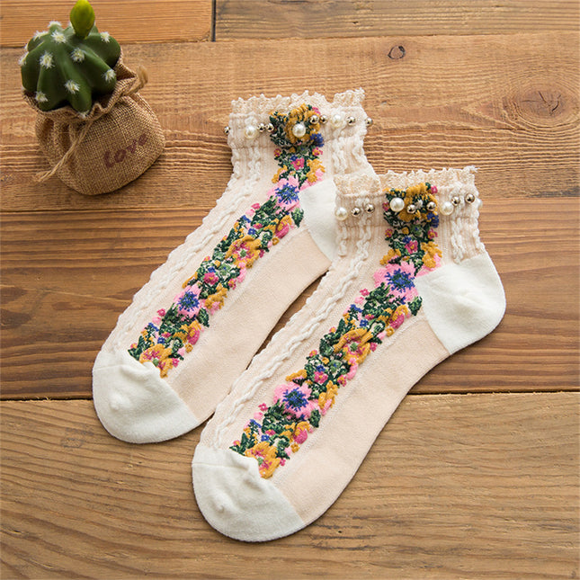 Chaussettes à la cheville rétro Lolita à motif floral et perles