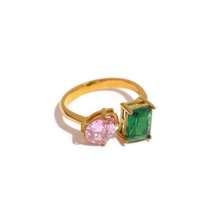 Bague ouverte ajustable et étanche avec zircone cubique rose et verte