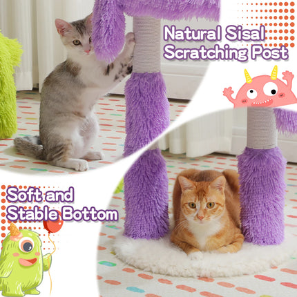 Torre de árbol para gatos de color morado con forma de monstruo y patas envueltas en sisal