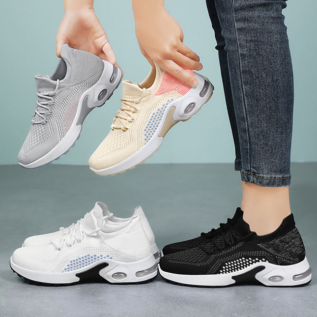 Baskets à lacets à coussin d'air pour femmes, chaussures en maille respirantes et décontractées en tissu volant pour l'été