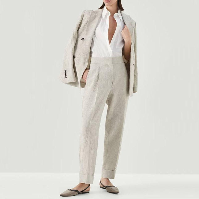 Elegante conjunto de traje de lino con cuentas: blazer cruzado y pantalón recto para mujer