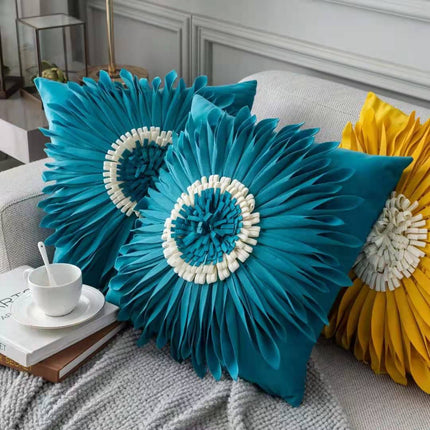 Fashion Modern Style White Throw Pillows Velvet Stitching 3D Chrysanthemum Cushion Waist Pillow Blue Cushion Case - Wnkrs