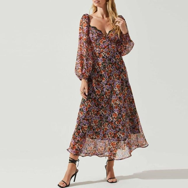 Vestido midi boho chic con estampado floral: escote corazón, mangas largas abullonadas y elegante detalle de encaje