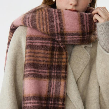 Bufanda de invierno a cuadros acogedora para mujer: diseño de borlas en color café rosa, cálida y elegante