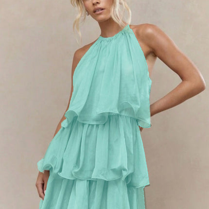 Strapless Sleeveless Sheer Dress With Ruffled Hem And Elegant Design