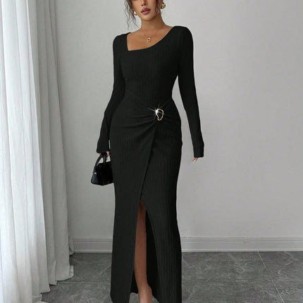 Autumn And Winter Irregular Neckline Solid Color Knitted Texture Long Dress For Women