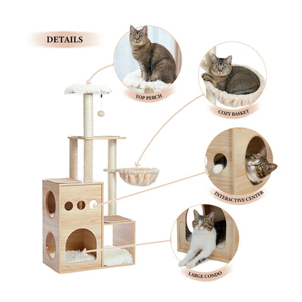 Árbol para gatos de madera con postes rascadores de sisal, acogedor apartamento y hamaca