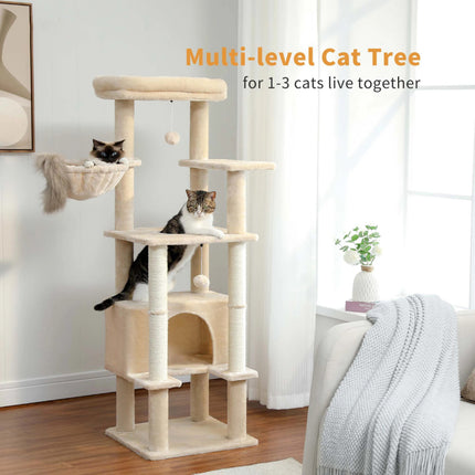 Árbol para gatos de varios niveles con condominio y postes para rascar