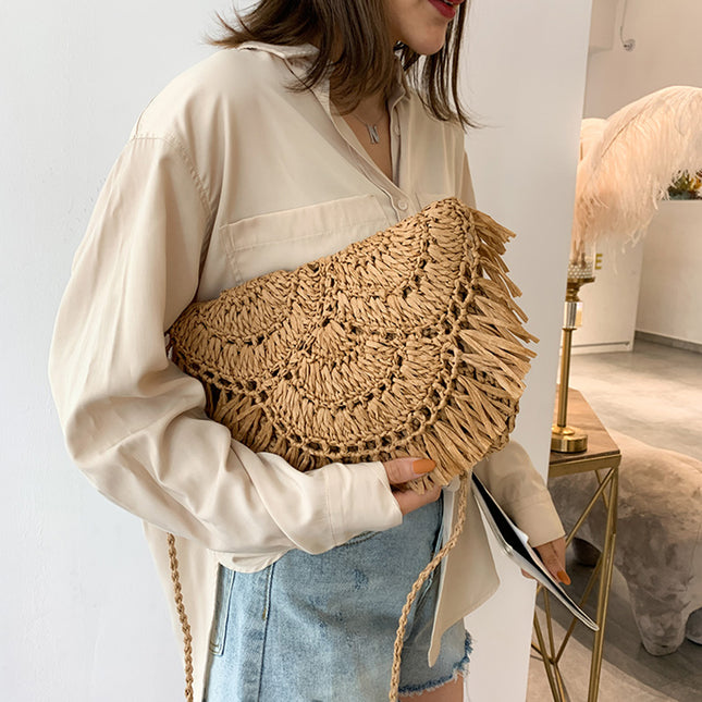 Sac à bandoulière en paille tissé à la main avec pompon