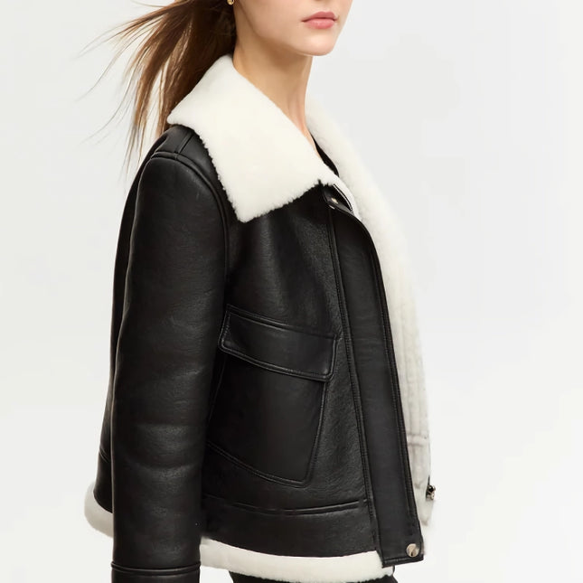 Minimalist Faux Leather Warm Jacket with Lapel Collar