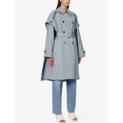 Trench-coat à manches chauve-souris gris-bleu avec design croisé