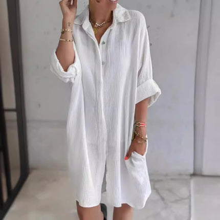 Long Shirt Women's Cotton And Linen Loose Solid Color Pocket Shirt Dress