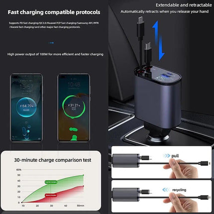 Cargador retráctil para automóvil 4 en 1 de alta velocidad con dos cables USB, tipo C y Lightning