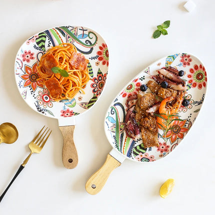 Platos de cena elegantes de cerámica nórdica con mango de madera