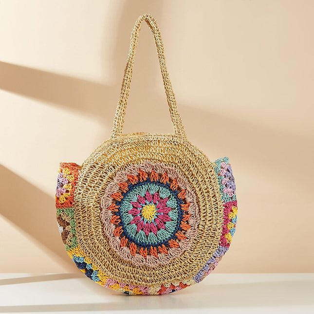 Bolso de hombro tejido de paja redondo bohemio
