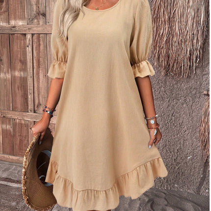 Fashion Ruffle Short-sleeved Dress Summer Solid Color Round Neck Loose Straight Dresses Womens Clothing