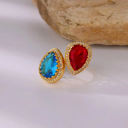 Anillos de lujo con forma de gota de agua y circonitas para mujer: banda de acero inoxidable con circonitas cúbicas rojas y azules