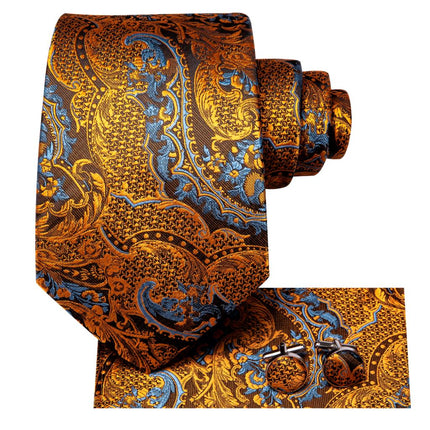 Conjunto de corbata de seda de lujo con estampado floral negro y dorado, pañuelo de bolsillo y gemelos