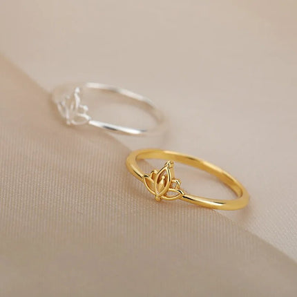 Stainless Steel Lotus Flower Ring - Elegant Wedding & Engagement Band for Women