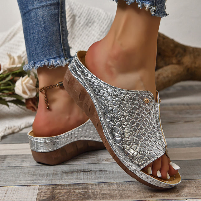 Sandales compensées à motifs tendance pour l'été, pantoufles à semelles épaisses, chaussures à bouche de poisson pour femmes
