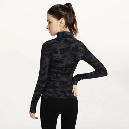 Chaqueta deportiva de camuflaje para mujer: cierre completo, corte ajustado, para entrenamiento de yoga y running