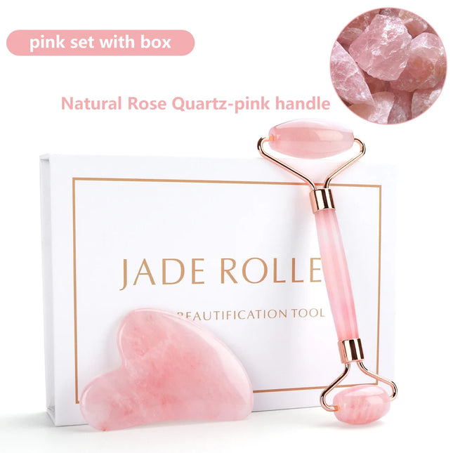 Ensemble rouleau de jade et gua sha en quartz rose naturel