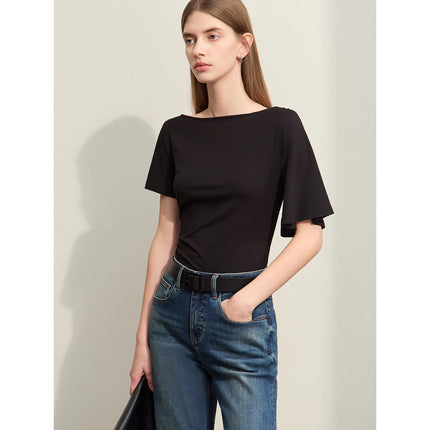 T-shirt minimaliste asymétrique à col slash pour femme