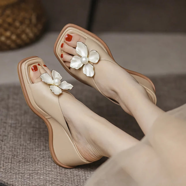 Elegant Pearl Flower High Heel Wedge Slides