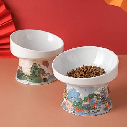 Gamelle pour chat en céramique de style chinois - Distributeur d'eau et de nourriture surélevé pour animaux de compagnie