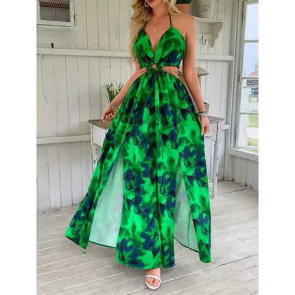 Womens Floral Print Backless Side-Slit Dress