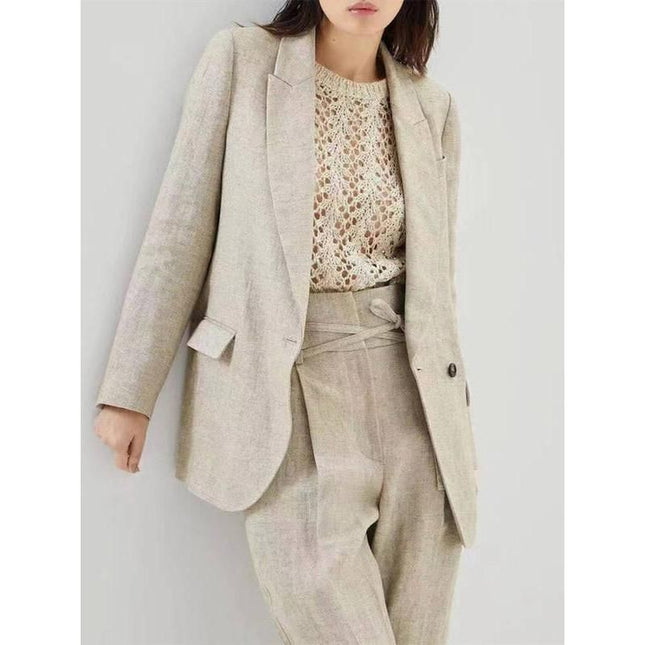 Conjunto elegante de chaqueta y pantalón de lino y algodón para mujer