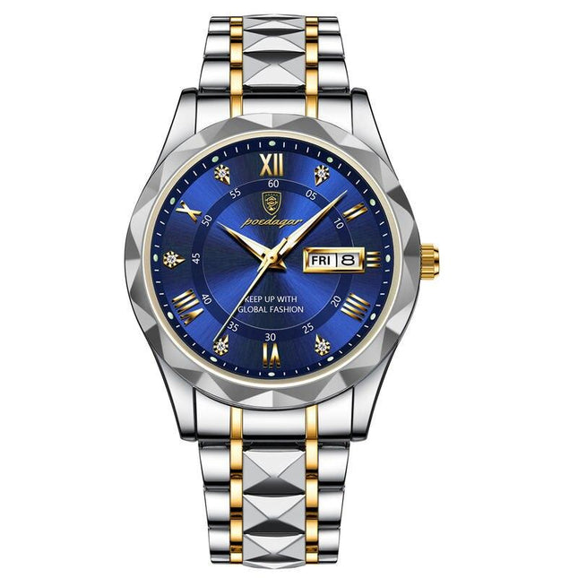 Montre à quartz de luxe pour homme en acier inoxydable avec affichage lumineux de la date et de la semaine