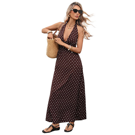 Retro Resort-Style Halterneck V-Neck Polka-Dot Dress