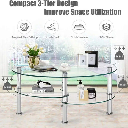 Elegant Oval Tempered Glass Coffee Table with 3 Tiers and Steel Frame - Wnkrs