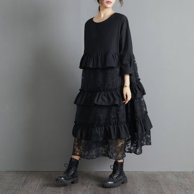Robe rétro ample à manches longues et coutures en dentelle noire grande taille