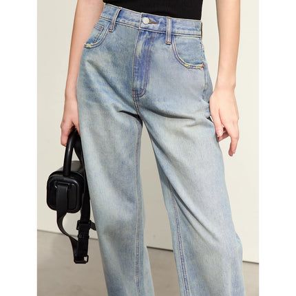 Pantalon en denim droit délavé minimaliste pour femme