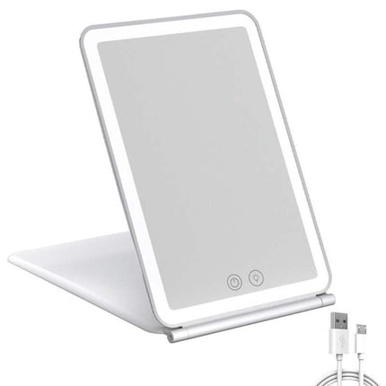 Espejo de maquillaje LED con pantalla táctil, plegable, iluminación de 3 colores, recargable por USB