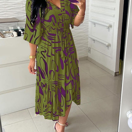 Summer New Printed V-neck High Waist Lace-up Dress