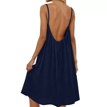 Women's Solid-Colored Strap Backless Dress