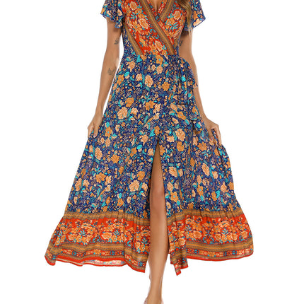 V-neck Split Bohemian Print Dress