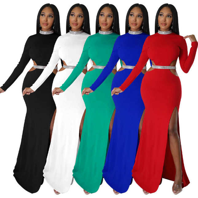 Robe fendue ajourée à la taille sexy pour femme, couleur unie
