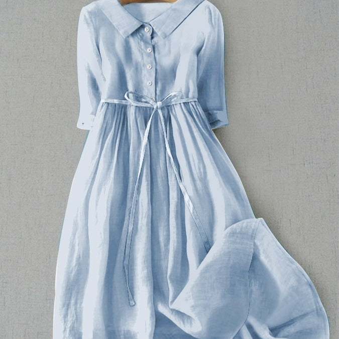 Short-Sleeve Long Dress with Pleated Lace-Up Detail