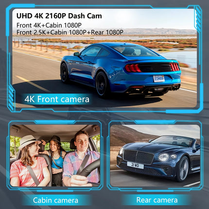 3 Lens Wi-Fi Dash Camera with Infrared Night Vision – 4K + 1080P