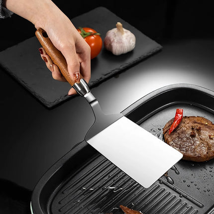 Spatule de cuisine en acier inoxydable avec manche en bois - Ustensiles pour teppanyaki, pizza, crêpes et barbecue