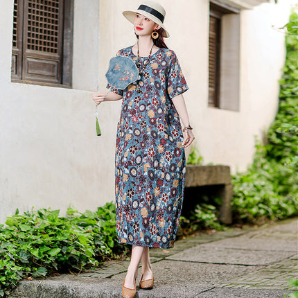 Vestido informal versátil de algodón y lino con estampado floral para mujer